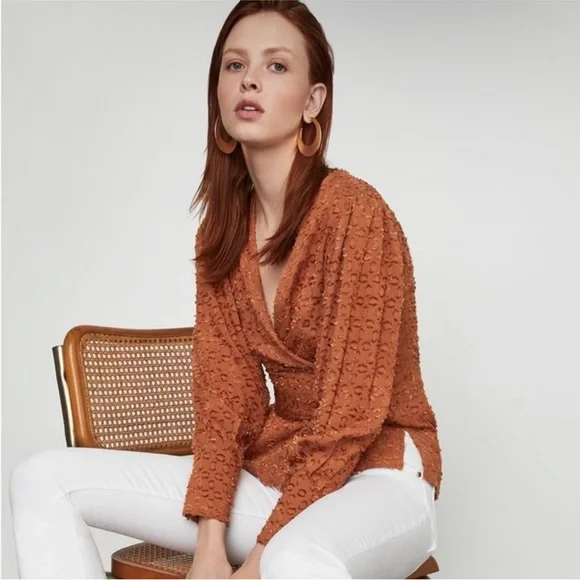 NWT BCBGMaxAzria Terracotta Textured Wrap Blouse - Picture 4 of 10